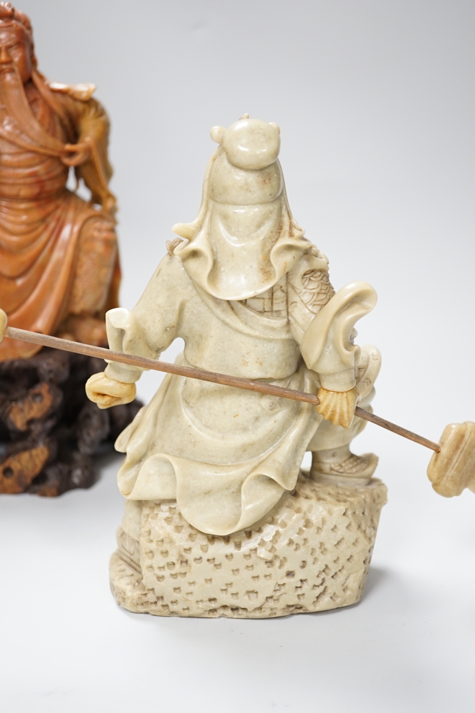 Two Chinese soapstone figures of Confucius and Guan Yu, tallest 26cm high